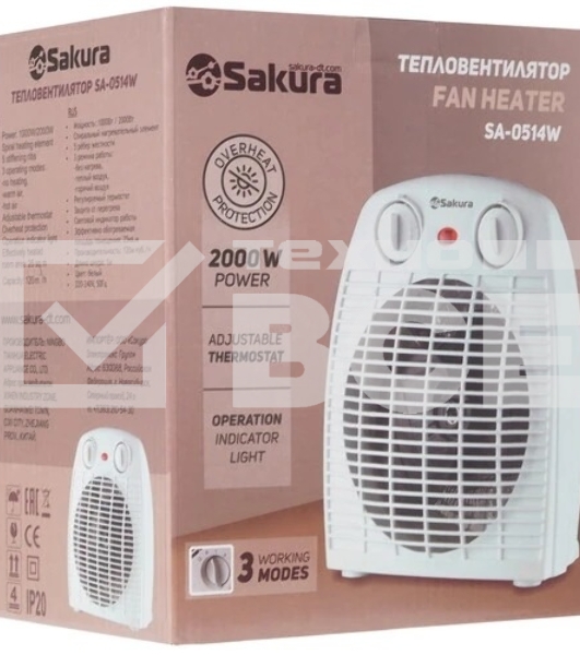 Тепловентилятор Sakura SA-0514W, белый, 2000 Вт, 25 м2, термостат