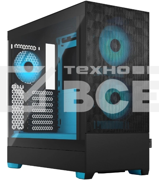 Компьютерный корпус без блока питания Fractal Design Pop Air RGb Cyan Core TG Clear Tint, Midi-Tower, 3x120мм RGb, 2xUSB-A 3.2 ATX, mATX, mITX черный/циан