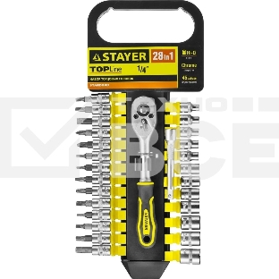 Набор головок STAYER 27754-H28 standard: 1/4 на пластик рельсе трещотка удл-тель 4-13мм 28пр.