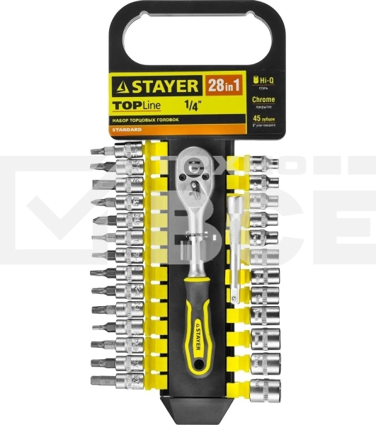 Набор головок STAYER 27754-H28 standard: 1/4 на пластик рельсе трещотка удл-тель 4-13мм 28пр.