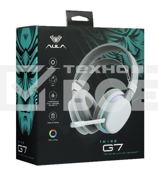 Гарнитура AULA G7 белый, беспроводная + проводная, до 65 ч, съёмный микрофон, подсветка