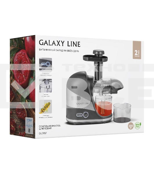 Соковыжималка Galaxy Line GL 0817, черный, шнековая, 200 Вт, 2 скорости, функция 