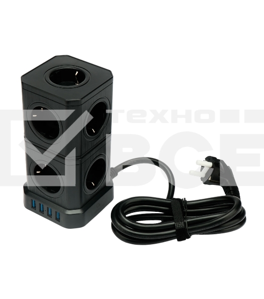 Сетевой фильтр Cablexpert Tower TWR-9-U4-B-2, 9р, 16А, 4хUSB, 3.1А, 2м, ур.защиты 4+, черный, коробка
