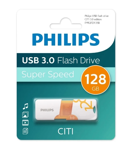 Флешка USB PHILIPS CITI3.0 (FM12FD135B/97), 128Gb, USB 3.0, R/W 100/45, белый/оранжевый