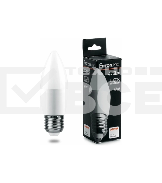 Лампа светодиодная FERON PRO LB-1306 (38051) свеча E27 6W 4000K