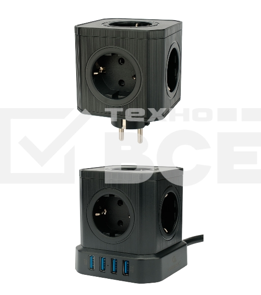 Сетевой фильтр Cablexpert Tower TWR-9-U4-B-2, 9р, 16А, 4хUSB, 3.1А, 2м, ур.защиты 4+, черный, коробка