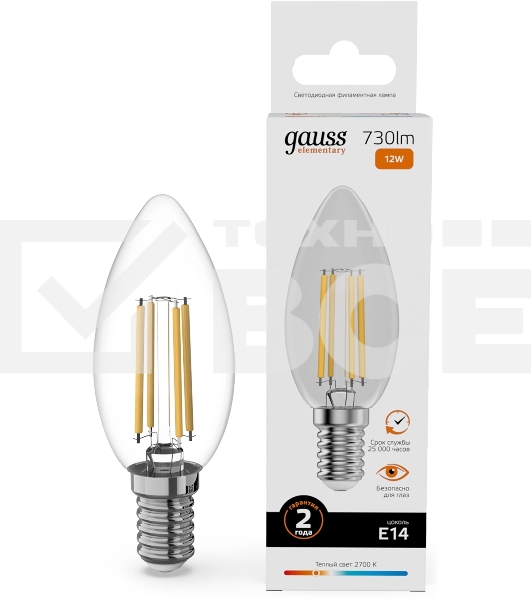 Лампа филам. Gauss Filament 12Вт цок.:E14 свеча св.свеч.бел.теп. (упак.:10шт) (32112)