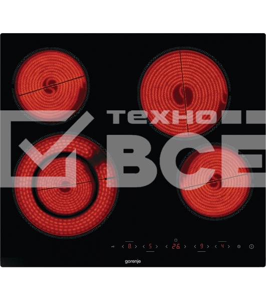 Варочная панель Gorenje ECT642BCSCE, 59 см, Hi-Light, 4 конфорки, таймер, сенсорное управление, шлифованный передний край, PowerBoost, дисплей, блокировка от детей, черный