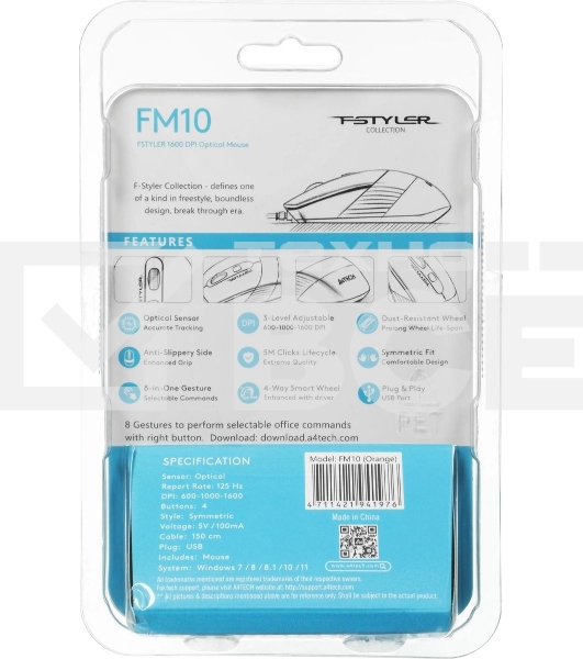 Мышь проводная A4Tech Fstyler FM10 черный/оранжевый, 1600 dpi, USB, кнопки - 4