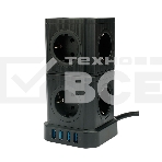 Сетевой фильтр Cablexpert Tower TWR-9-U4-B-2, 9р, 16А, 4хUSB, 3.1А, 2м, ур.защиты 4+, черный, коробка, фото 1