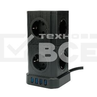 Сетевой фильтр Cablexpert Tower TWR-9-U4-B-2, 9р, 16А, 4хUSB, 3.1А, 2м, ур.защиты 4+, черный, коробка