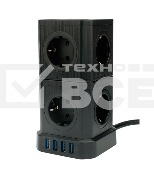 Сетевой фильтр Cablexpert Tower TWR-9-U4-B-2, 9р, 16А, 4хUSB, 3.1А, 2м, ур.защиты 4+, черный, коробка