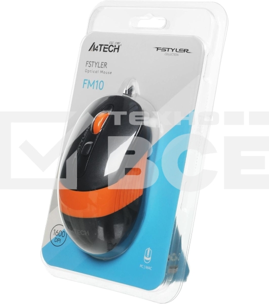 Мышь проводная A4Tech Fstyler FM10 черный/оранжевый, 1600 dpi, USB, кнопки - 4