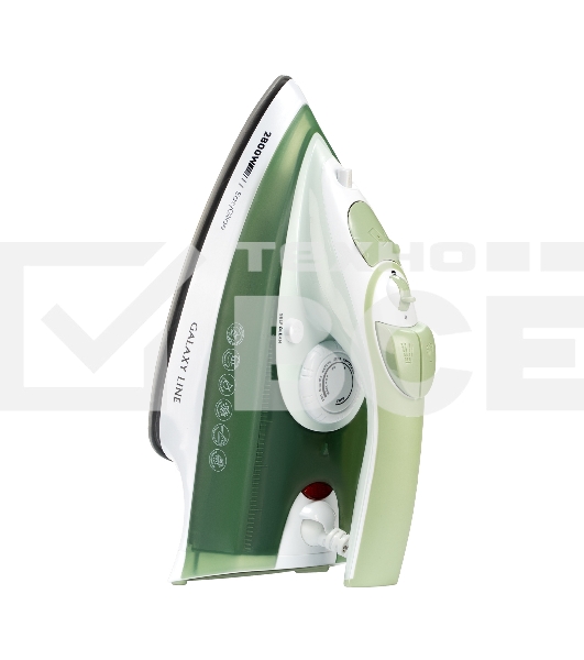 Утюг Galaxy Line GL 6134, зеленый с белым, паровой, 2800 Вт, керамическое покрытие EasyGlide, функции: самоочистка, антикапля, антинакипь, указатель максимального уровня воды, индикатор нагрева, вертикальное отпаривание, паровой удар, регулировка подачи п