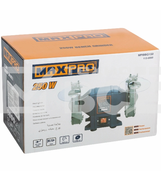 Станок точильный MAX-PRO MPBBG150 250 Вт, 2950/2950 об/мин, 1: 150/20/12,7 мм, 2: 150/20/12,7 мм, 6,55 кг, индукционный мотор, кор.