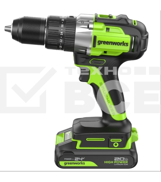 Дрель-шуруповерт аккумуляторная Greenworks GD24DD60 ударная аккумуляторная, 24V, бесщеточная, 30/60Нм,2х2Ач,ЗУ,кор 3704107CUC