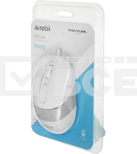 Мышь проводная A4Tech Fstyler FM10 белый/серый, 1600 dpi, USB, кнопки - 4