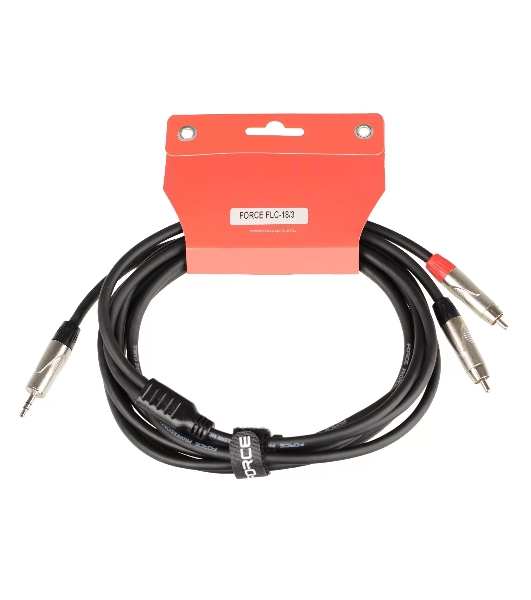 Кабель аудио FORCE FLC-18/31/8' TRS mini Jack - 2xRCA, высококачественный стерео, используется для подключения смартфонов к профессиональным аудио устройствам, диаметр 6 мм, профессиональные металлические разъемы, длина 3 м