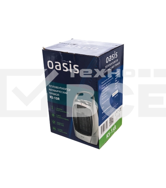 Тепловентилятор Oasis КS-15R 750/1500 Вт., до 15 кв.м., керамический нагревательный элемент, режим холодного обдува, белый