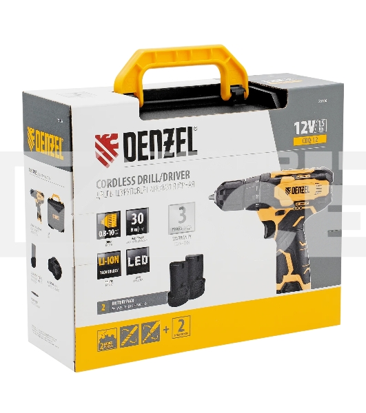 Дрель-шуруповерт Denzel CDQ-12, Аккумуляторная, 12В, 2 АКБ, Кейс
