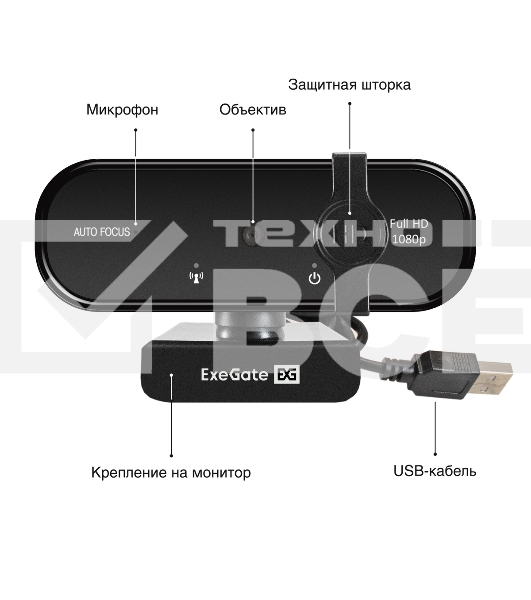 Веб-камера ExeGate BlackView C720 Full HD AF (2Мп, 1920х1080, 1080P, 30fps, автоматический фокус, защитная шторка, 4-линзовый объектив, микрофон с шумоподавлением, универсальное крепление, отверстие под штатив, USB, кабель 1,5 м, Windows 7/8/10/11, Mac OS