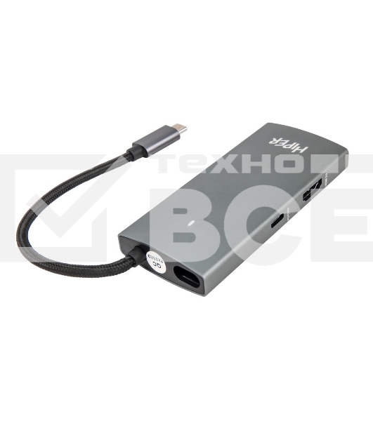 Док-станция HIPER Docking station USB-C HUB 6in1 (1*USB-C 100W PD, 1*HDMI 4K@60Hz, 2*USB-A 3.0 (5Gbps data), 1*USB-C 3.0 (5Gbps data), 1*RJ45 Gb)