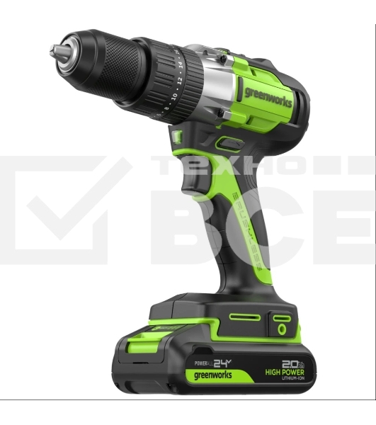 Дрель-шуруповерт аккумуляторная Greenworks GD24DD60 ударная аккумуляторная, 24V, бесщеточная, 30/60Нм,2х2Ач,ЗУ,кор 3704107CUC