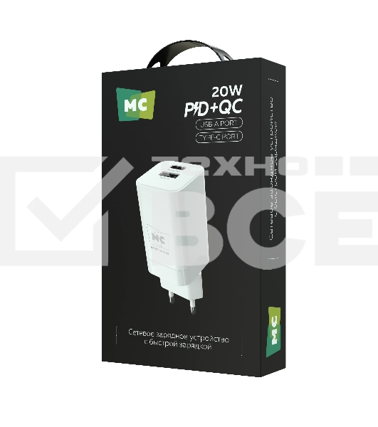 Сетевое зарядное устройство MORE CHOICE NC85 1USB+1Type-C 3.0A PD 20W+QC3.0, белый