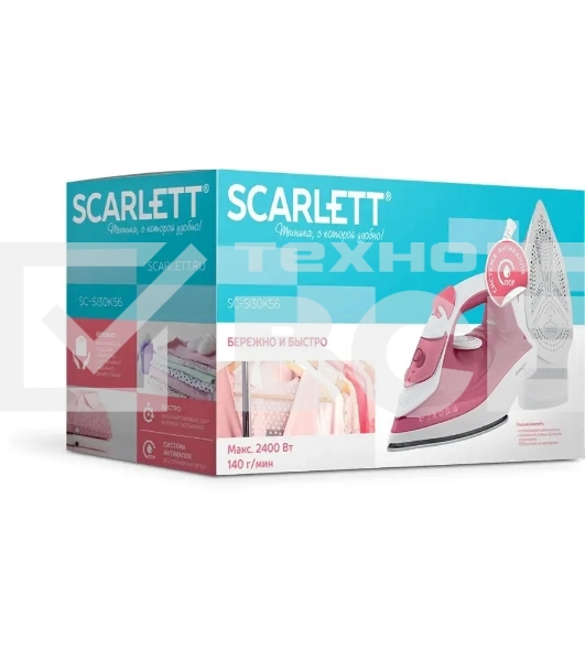 Утюг Scarlett SC-SI30K56 розовый, 2400; Световой индикатор работы: Да; Регулируемый пар до г/мин: 35; Паровой удар до г/мин: 140; Резервуар для воды, мл: 280; Функция разбрызгивания воды: Да; Терморегулятор: Да; Вертикальное отпаривание: Да; Регулировка с