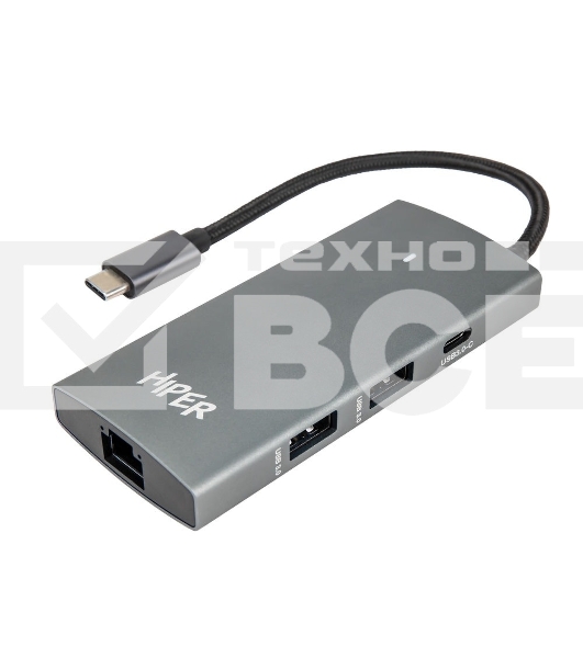 Док-станция HIPER Docking station USB-C HUB 6in1 (1*USB-C 100W PD, 1*HDMI 4K@60Hz, 2*USB-A 3.0 (5Gbps data), 1*USB-C 3.0 (5Gbps data), 1*RJ45 Gb)