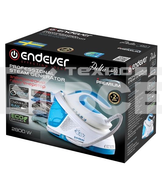 Парогенератор электрический ENDEVER Delta-450, белый/голубой, мощность 2800 Вт, подача пара 150 г/мин, макс. пар удар до 400 г/мин, 2 шт/уп