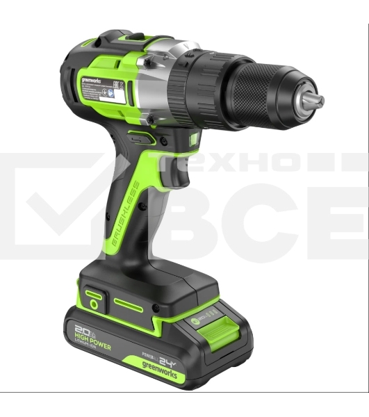 Дрель-шуруповерт аккумуляторная Greenworks GD24DD60 ударная аккумуляторная, 24V, бесщеточная, 30/60Нм,2х2Ач,ЗУ,кор 3704107CUC