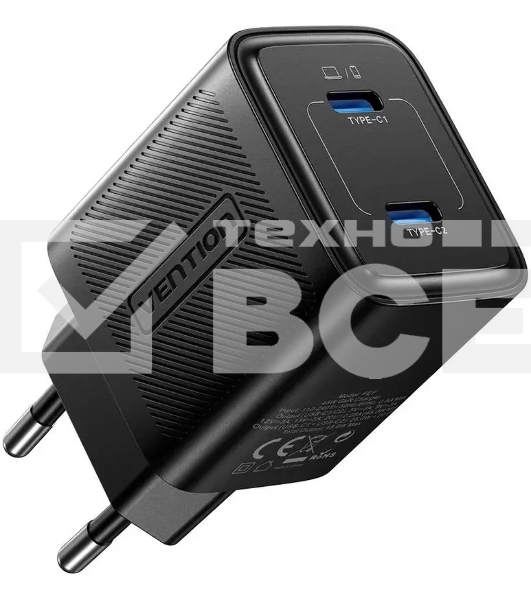 Сетевое зарядное устройство Vention на 2 порт USB С+C GaN 45W Черный