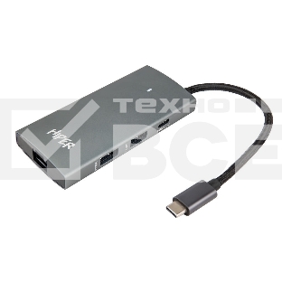Док-станция HIPER Docking station USB-C HUB 6in1 (1*USB-C 100W PD, 1*HDMI 4K@60Hz, 2*USB-A 3.0 (5Gbps data), 1*USB-C 3.0 (5Gbps data), 1*RJ45 Gb)