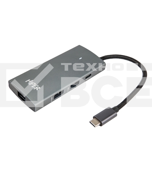 Док-станция HIPER Docking station USB-C HUB 6in1 (1*USB-C 100W PD, 1*HDMI 4K@60Hz, 2*USB-A 3.0 (5Gbps data), 1*USB-C 3.0 (5Gbps data), 1*RJ45 Gb)