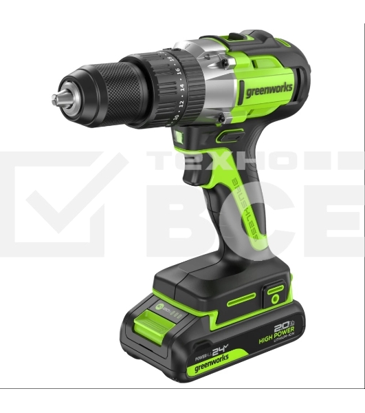 Дрель-шуруповерт аккумуляторная Greenworks GD24DD60 ударная аккумуляторная, 24V, бесщеточная, 30/60Нм,2х2Ач,ЗУ,кор 3704107CUC