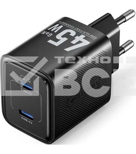 Сетевое зарядное устройство Vention на 2 порт USB С+C GaN 45W Черный