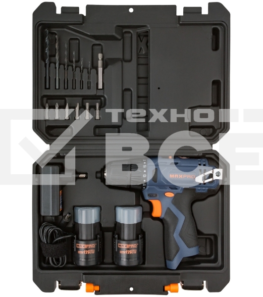 Дрель-шуруповерт MAX-PRO 85026, Аккумуляторная, 12В, 2 АКБ, Кейс