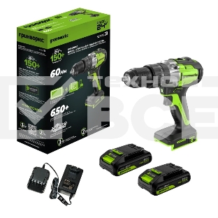 Дрель-шуруповерт аккумуляторная Greenworks GD24DD60 ударная аккумуляторная, 24V, бесщеточная, 30/60Нм,2х2Ач,ЗУ,кор 3704107CUC