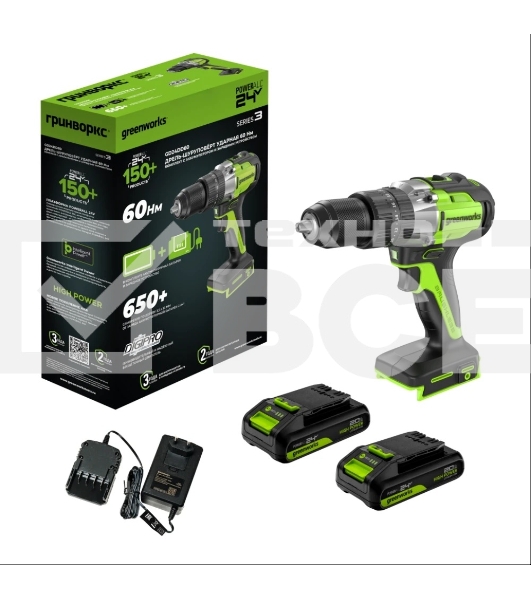 Дрель-шуруповерт аккумуляторная Greenworks GD24DD60 ударная аккумуляторная, 24V, бесщеточная, 30/60Нм,2х2Ач,ЗУ,кор 3704107CUC