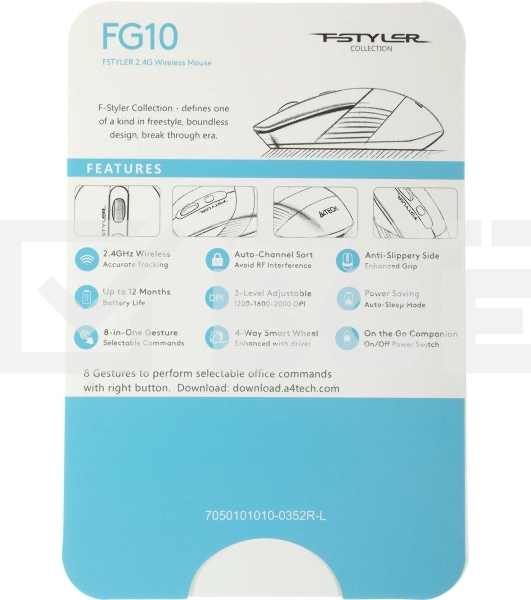 Мышь беспроводная A4Tech Fstyler FG10 белый/серый, 2000 dpi, радиоканал, USB, кнопки - 4