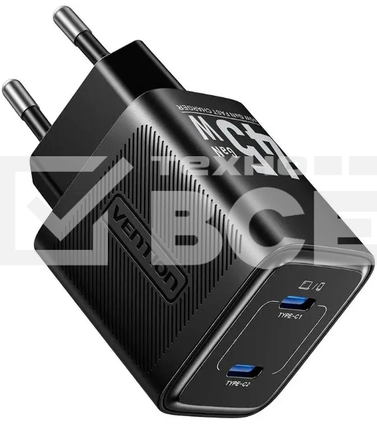 Сетевое зарядное устройство Vention на 2 порт USB С+C GaN 45W Черный