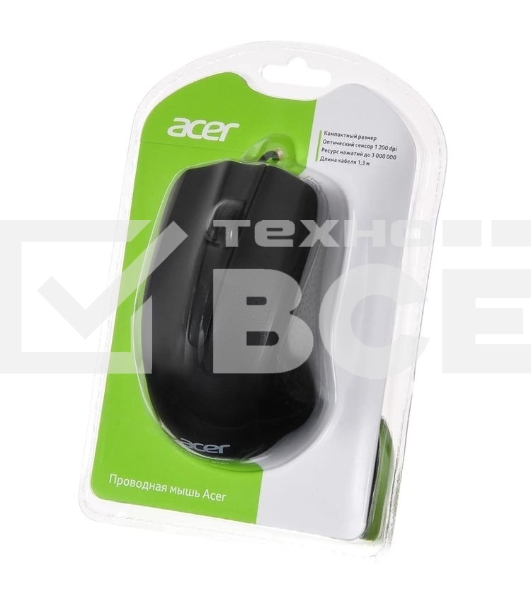Мышь проводная Acer OMW010 черный, 1200 dpi, USB, кнопки - 3