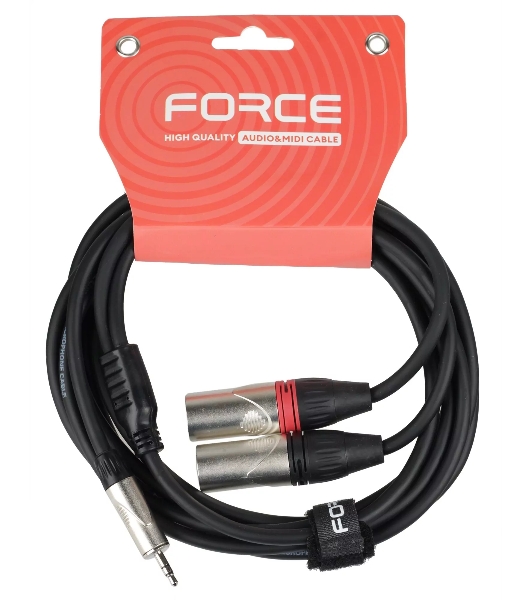 Кабель аудио FORCE FLC-19/31/8' TRS mini Jack - 2xXLR, высококачественный стерео, используется для подключения смартфонов к микшерам и аудио интерфейсам, диаметр 6 мм, профессиональные металлические разъемы, длина 3 м