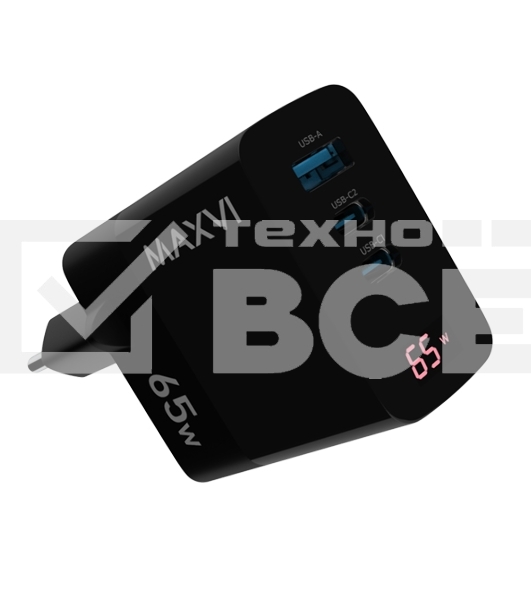 Сетевое зарядное устройство Maxvi A583GN Type-C 65W + Type-C 40W + USB 22W, GAN, PD, QC, LED дисплей, черный