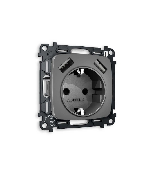 Комплект механизма электрической розетки OMEGA Антрацит серый 2USB A+A 18W (быстрая зарядка) с/з QUANT (OP6590, VM155) MO659010