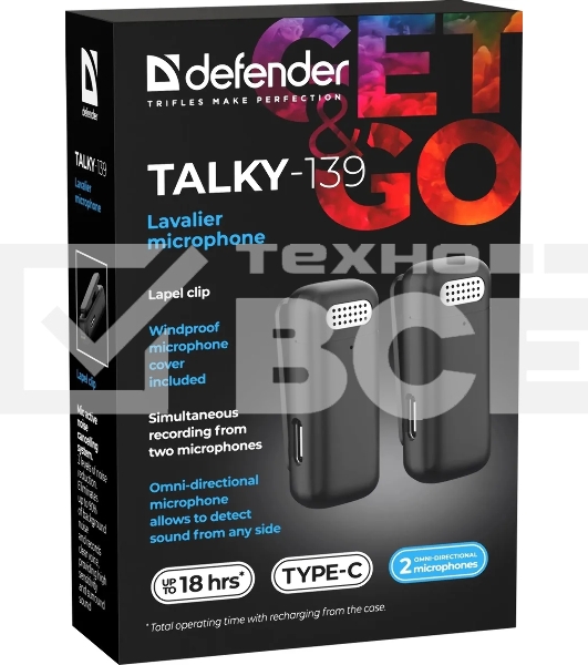 Петличный микрофон DEFENDER (64139) Talky-139 wrls, черный, кейс, 2шт