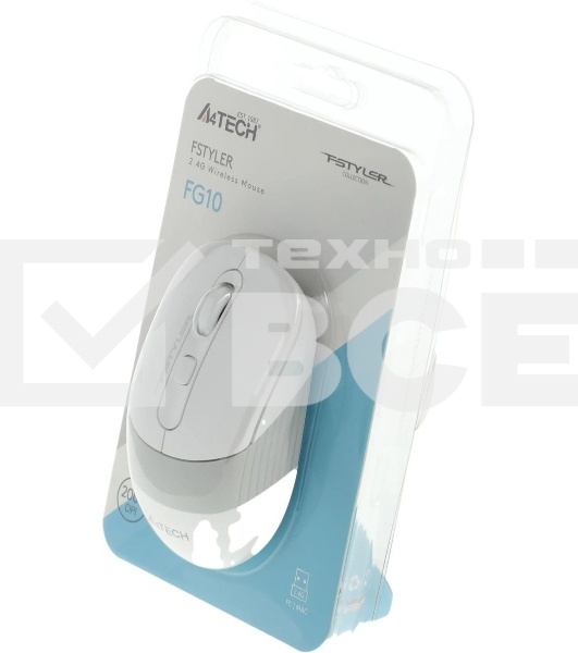 Мышь беспроводная A4Tech Fstyler FG10 белый/серый, 2000 dpi, радиоканал, USB, кнопки - 4