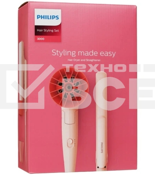 Набор для укладки волос Фен Philips BHP398/00 розовый, 1600 Вт, компактный + выпрямитель