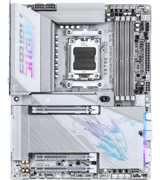 Материнская плата Gigabyte X870E AORUS PRO X3D ICE, AM5, AMD X870E, 4xDDR5, 4xSATA, 4xM.2, 1xPCIe 5.0 x16, 1xPCIe 4.0 x16, 1xPCIe 3.0 x16, 1xHDMI, 1x5Gb LAN, Wi-Fi 7, Bluetooth 5.4, 2xUSB-C 40Gbps (USB4), 2xUSB-C 10Gbps, 5xUSB-A 10Gbps, 3xUSB-A 5Gbps, 3x3.5 мм + S/PDIF оптический, 7.1, белый, ATX